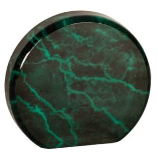 Round, marble-patterned green glass paperweight with a glossy dark edge.