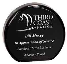 Black circular award plaque with the Third Coast Bank logo and inscription reading: Bill Maxey – In Appreciation of Service, Southeast Texas Business Advisory Board.