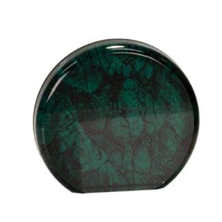 Round dark green glass plate with a marbled pattern, shown from the front.