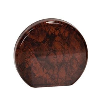 Polished round brown marble coaster with a curved bottom edge and glossy finish