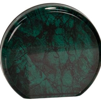 Front view of a green and black marbled frisbee disc (disc golf disc).