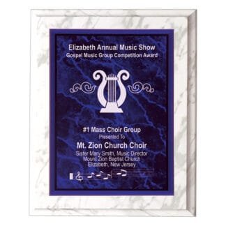 Blue marble-framed award plaque reading 'Elizabeth Annual Music Show' awarded to Mt. Zion Church Choir, Elizabeth, NJ.