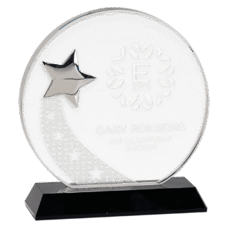 Small Round Crystal with Silver Star on Black Pedestal Base