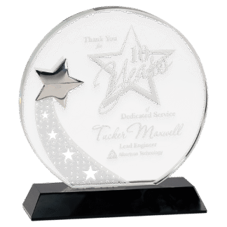 Large Round Crystal with Silver Star on Black Pedestal Base