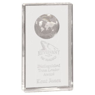 8" Clear Crystal Rectangle with Etched Globe