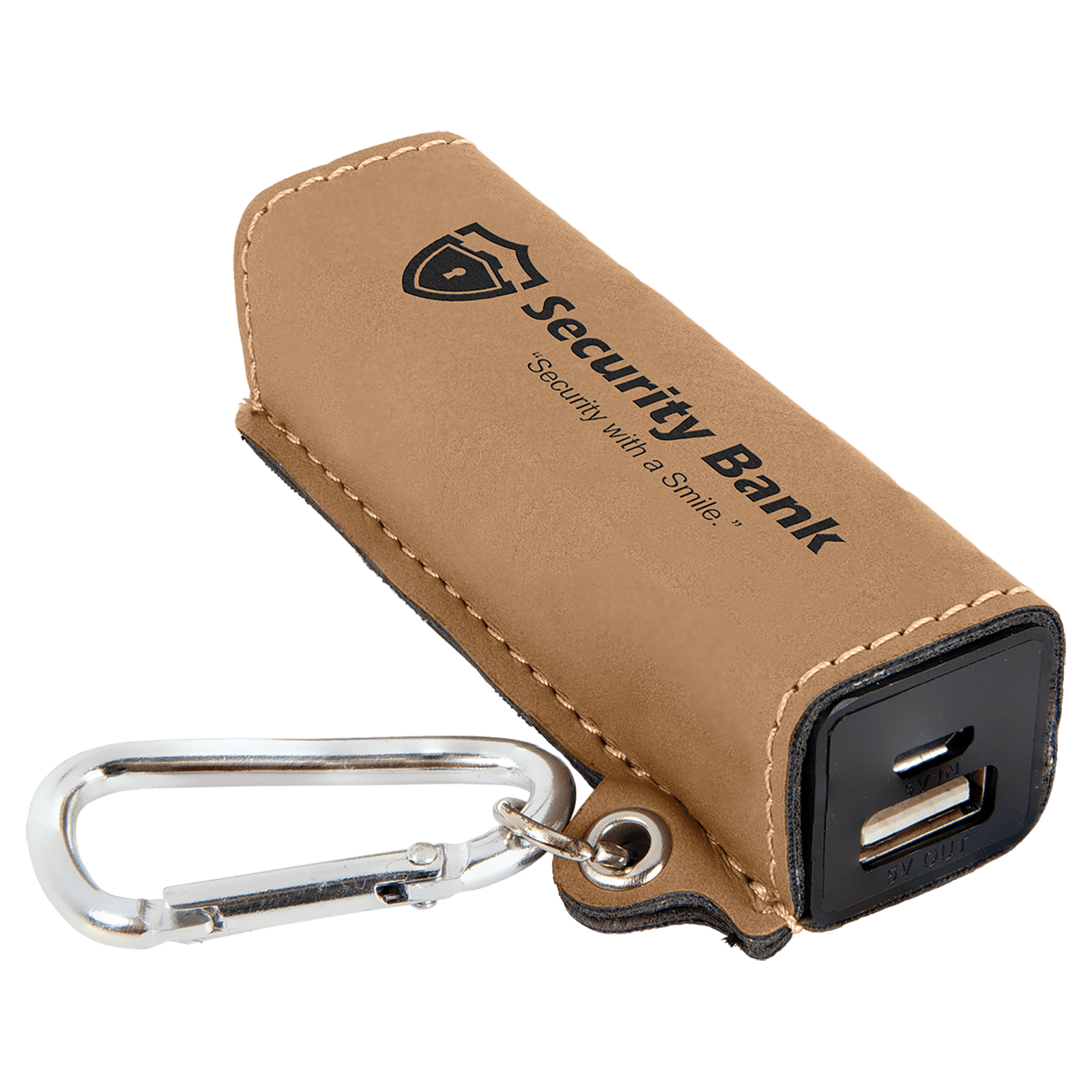 Light Brown Leatherette Power Bank with Charging Cord and Carabiner