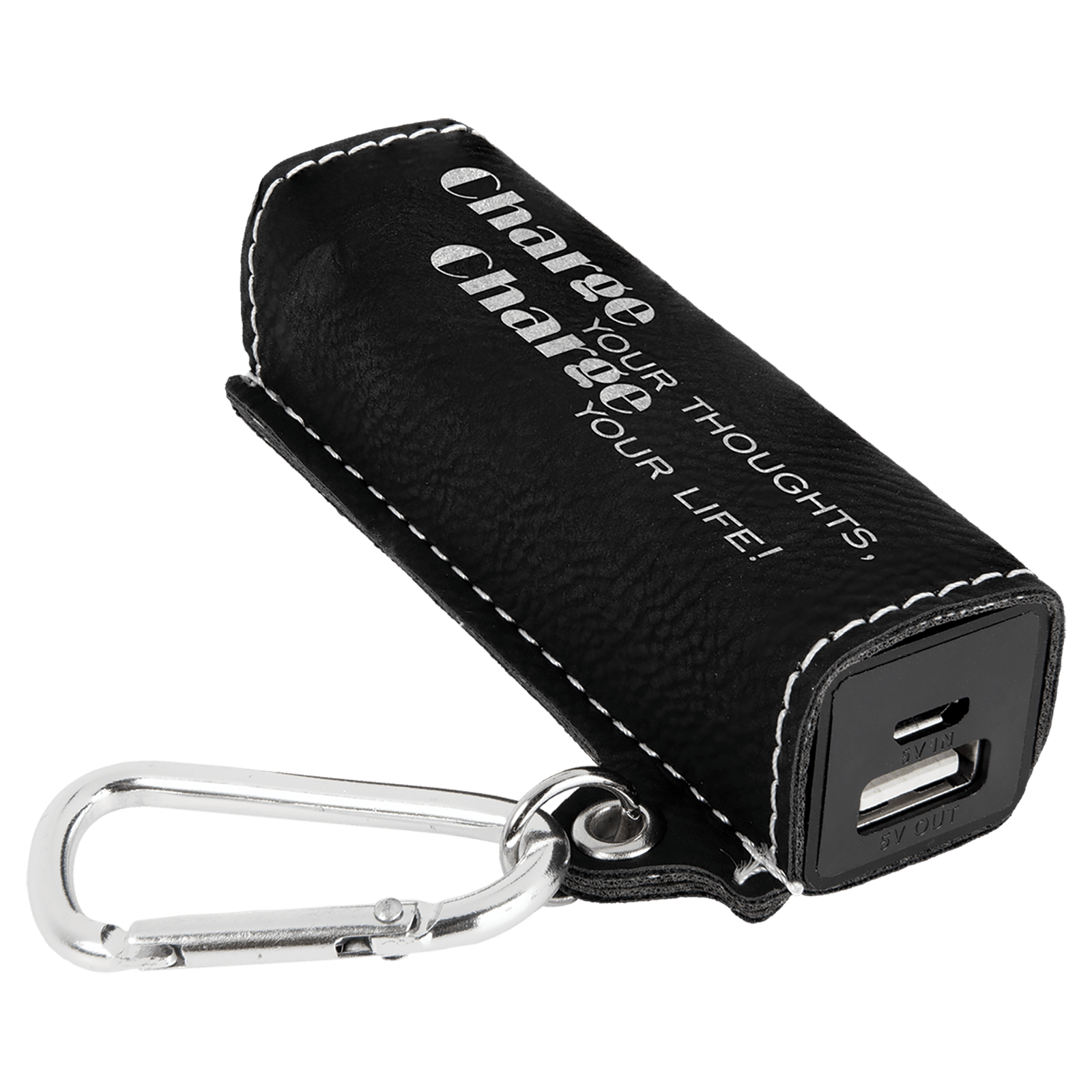 Black/Silver Leatherette Power Bank with Charging Cord and Carabiner