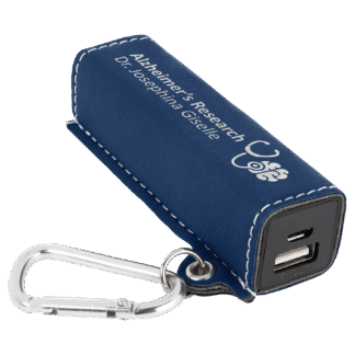 Blue/Silver Leatherette Power Bank with Charging Cord and Carabiner