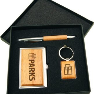 Metal/Wood Gift Set with Business Card Case, Pen, and Keychain