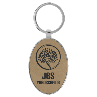 Light Brown Leatherette Oval Keychain with Metal Frame