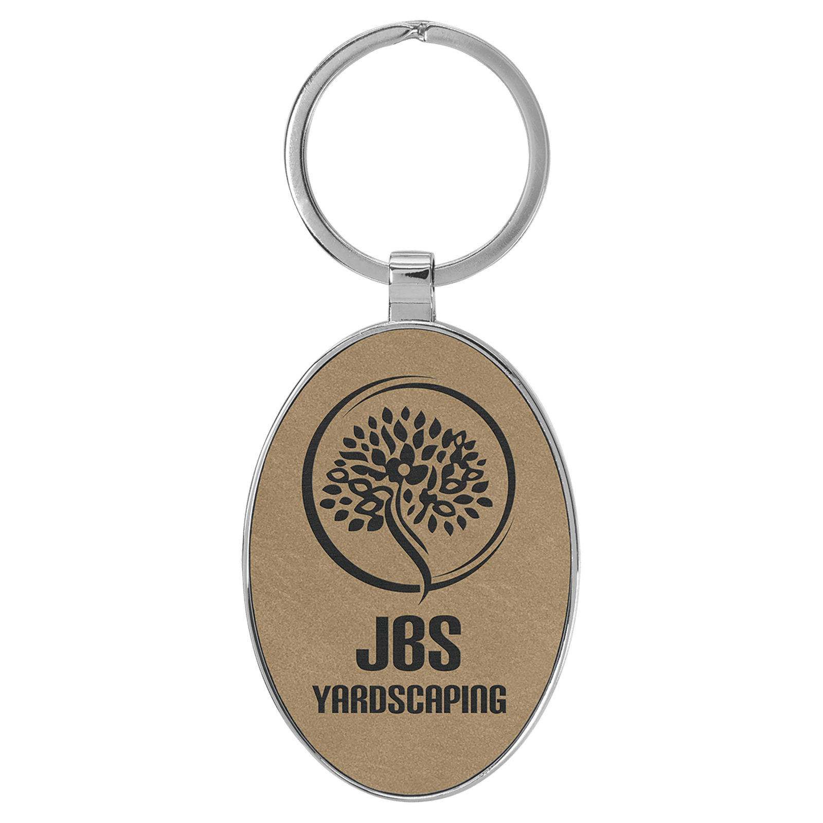 Light Brown Leatherette Oval Keychain with Metal Frame