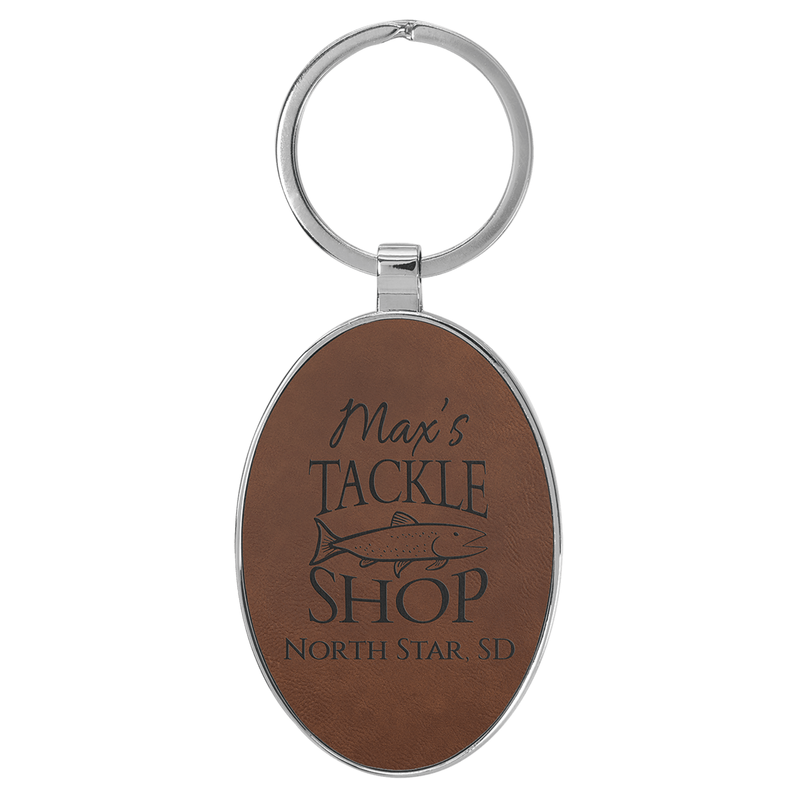 Dark Brown Leatherette Oval Keychain with Metal Frame