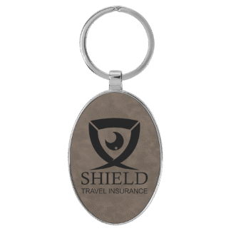 Gray Leatherette Oval Keychain with Metal Frame