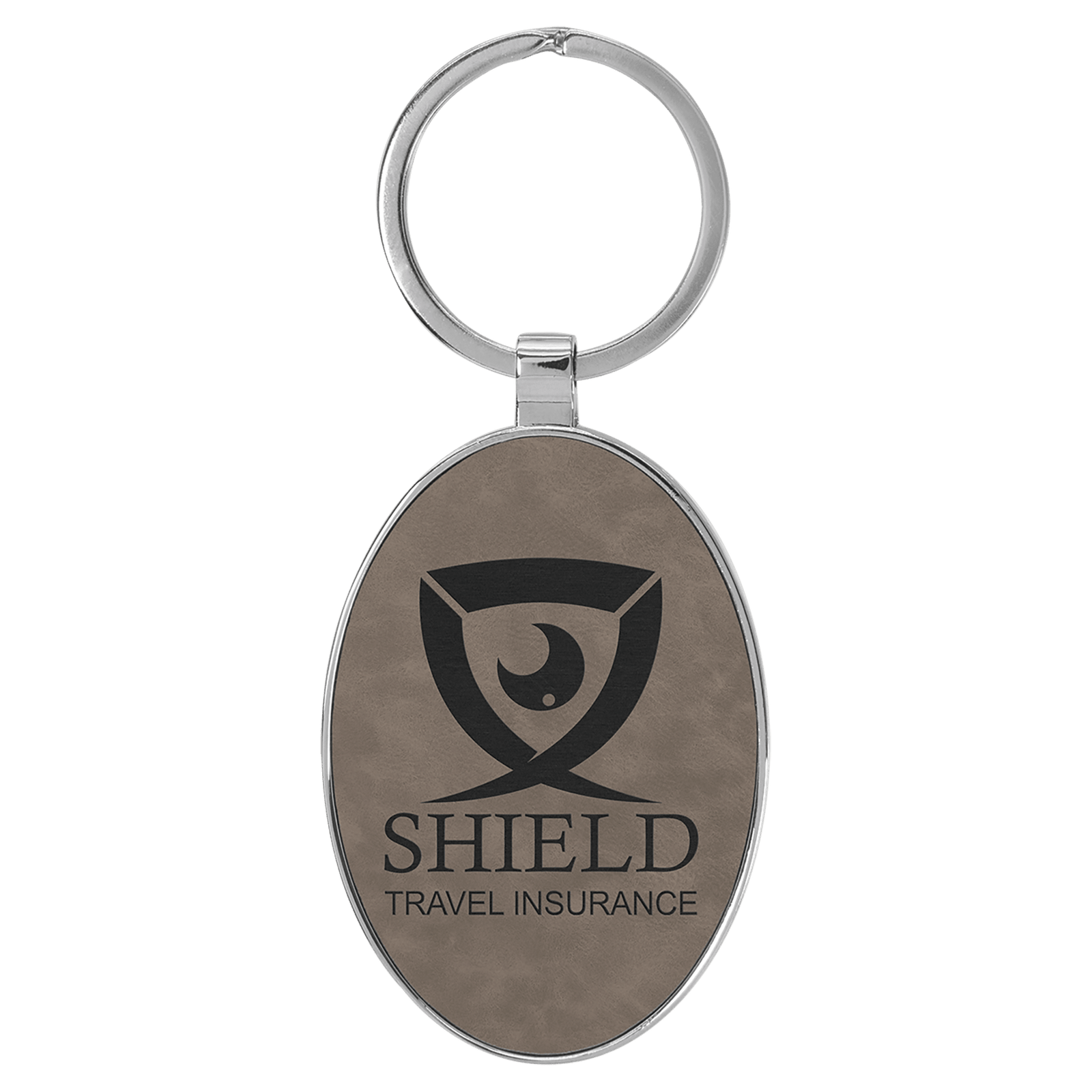 Gray Leatherette Oval Keychain with Metal Frame