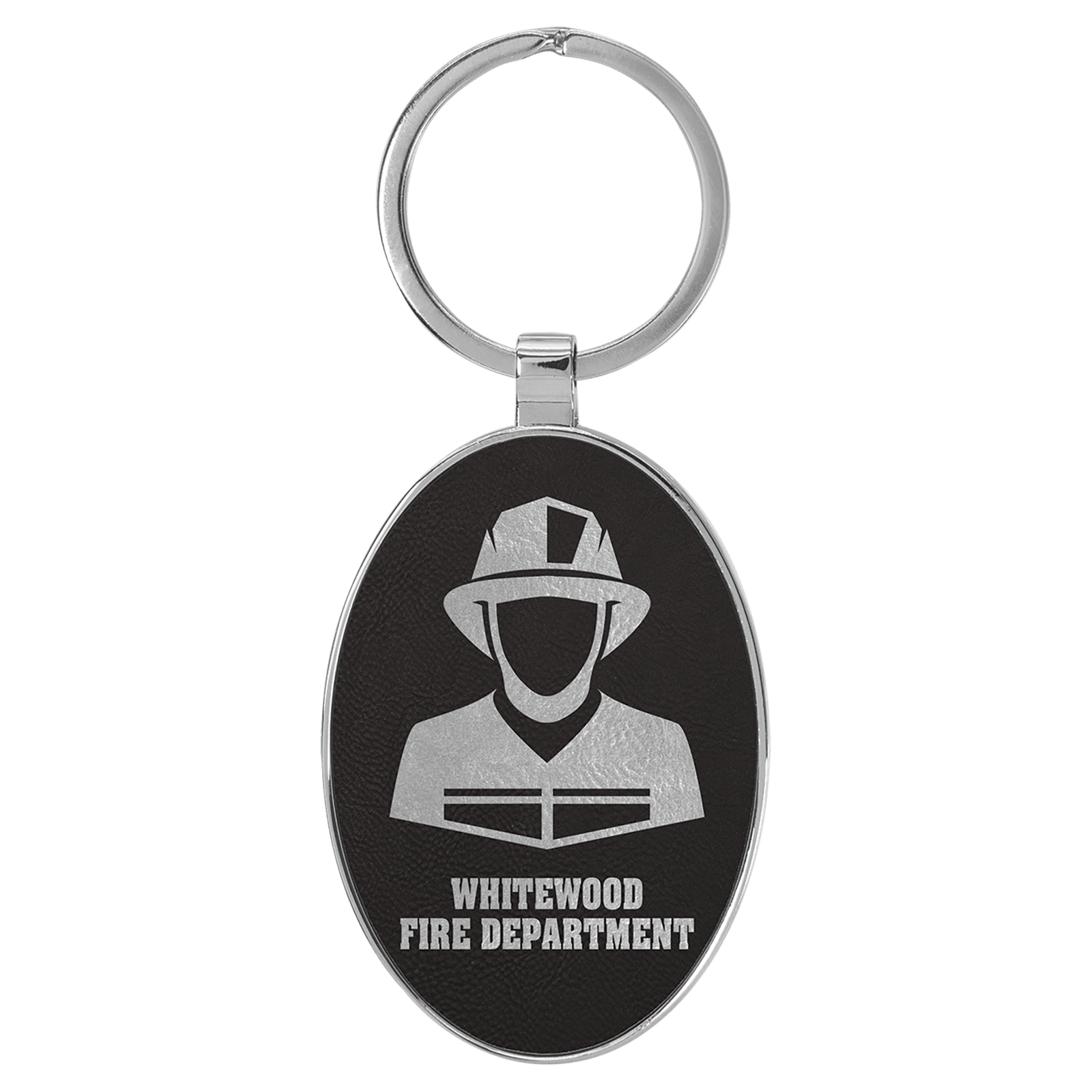 Black/Silver Leatherette Oval Keychain with Metal Frame