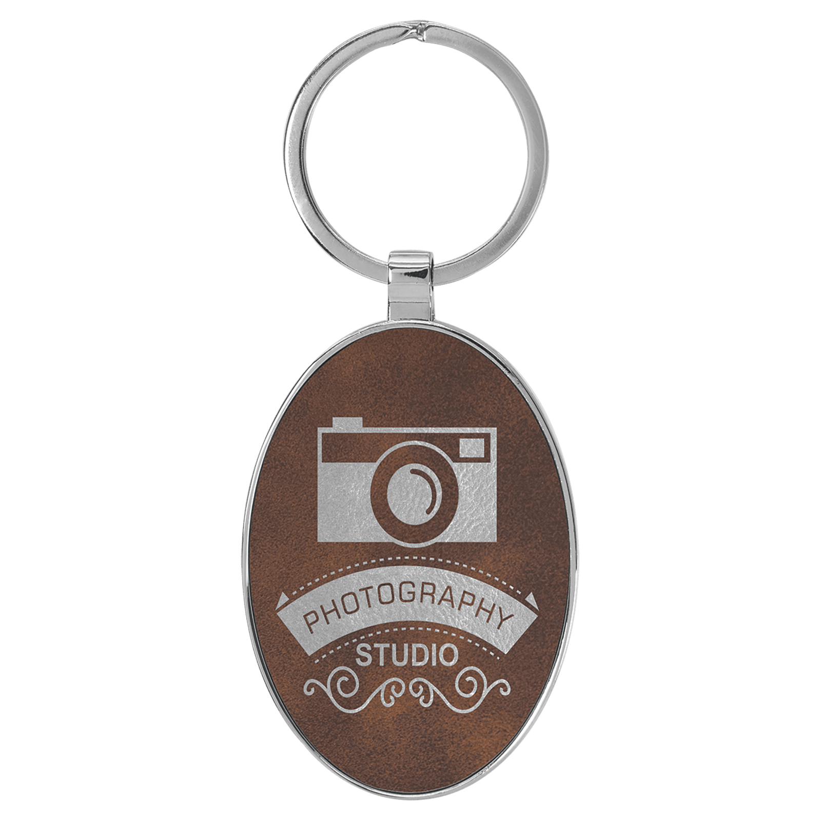 Rustic/Silver Leatherette Oval Keychain with Metal Frame