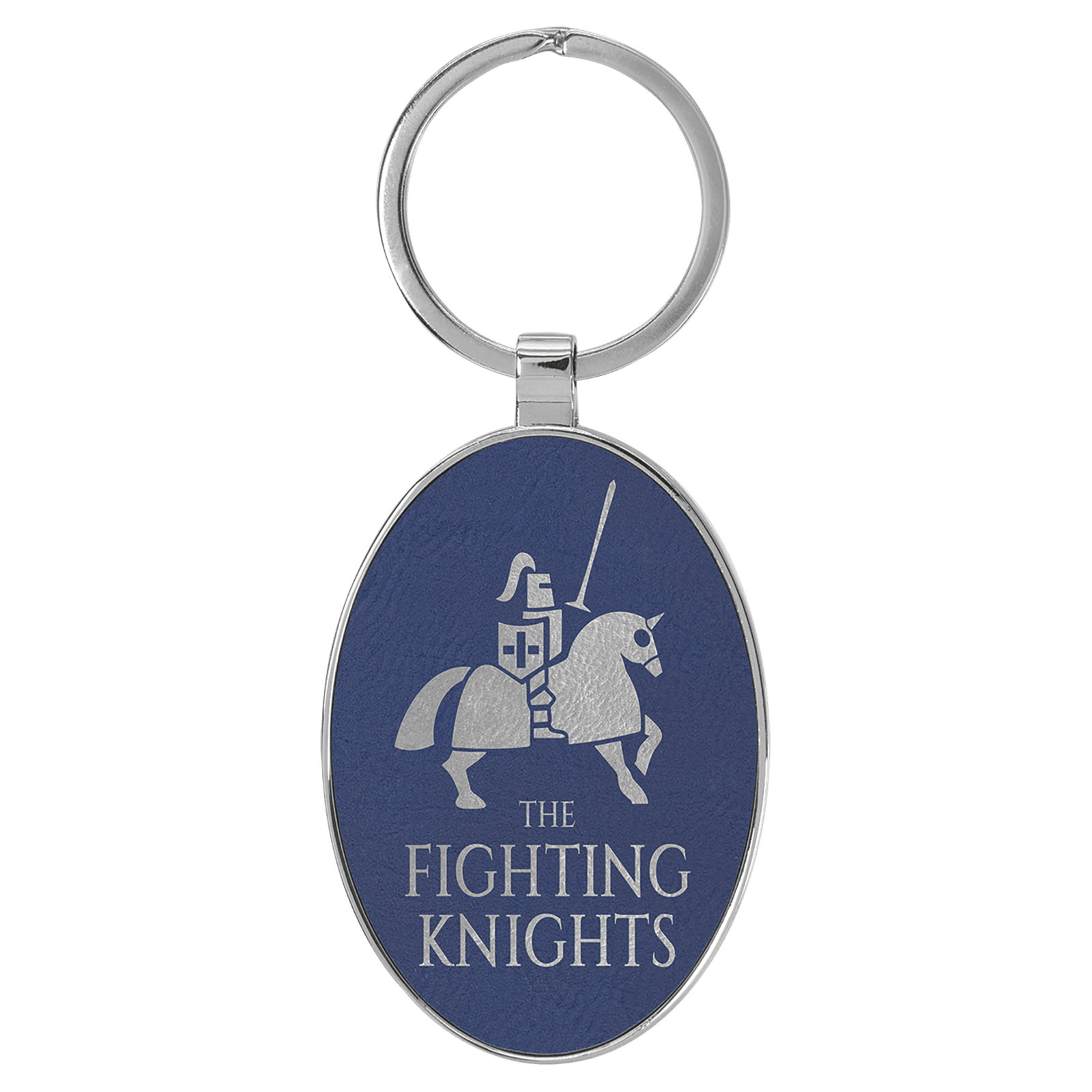 Blue/Silver Leatherette Oval Keychain with Metal Frame