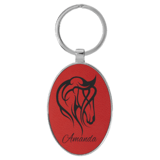Red Leatherette Oval Keychain with Metal Frame