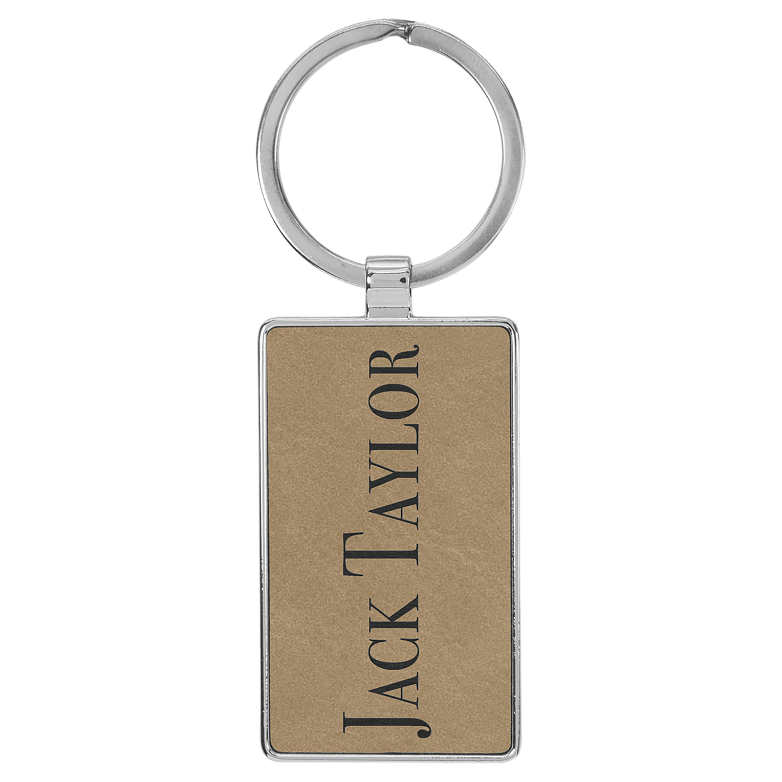 Light Brown Leatherette Rectangle Keychain with Metal Frame
