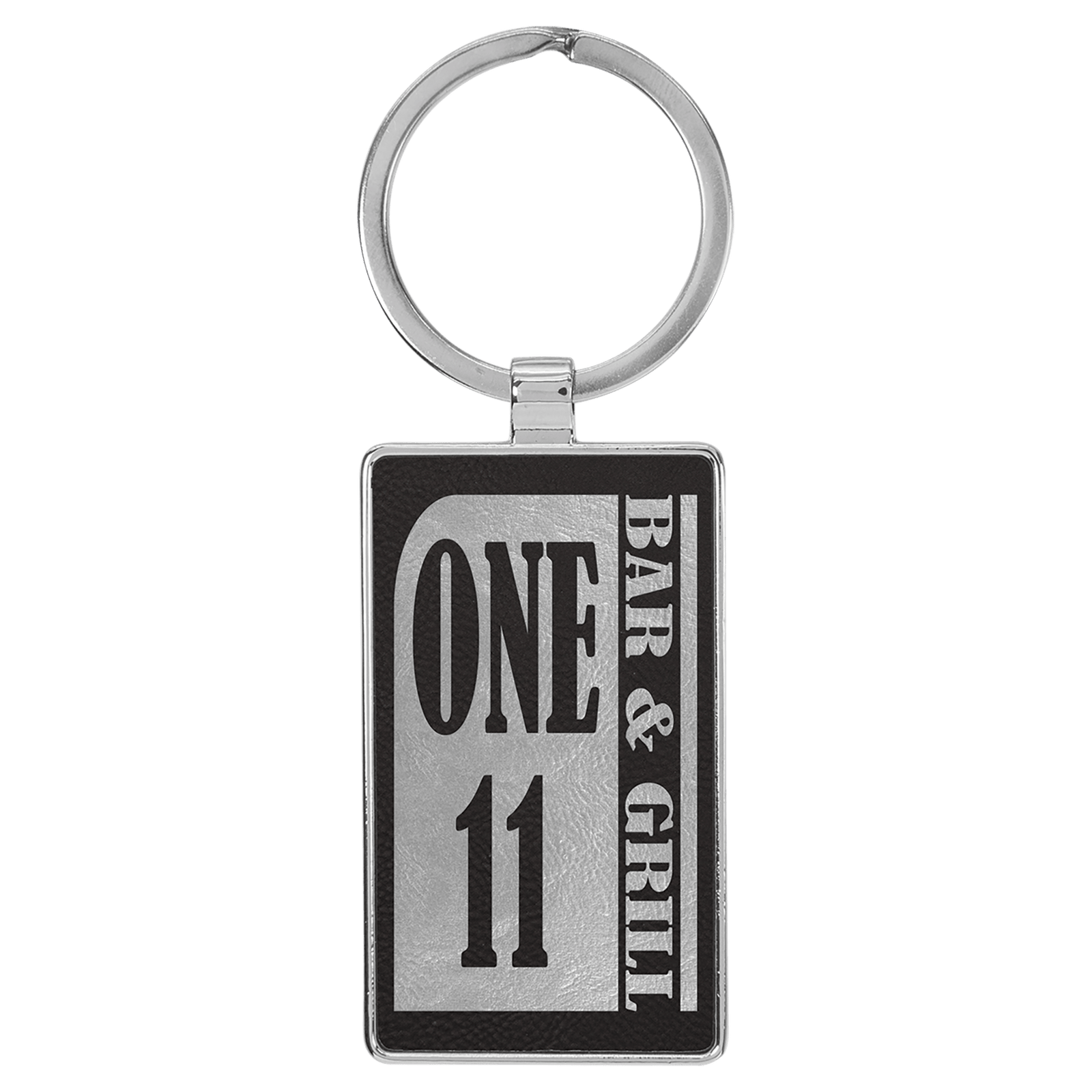 Black/Silver Leatherette Rectangle Keychain with Metal Frame