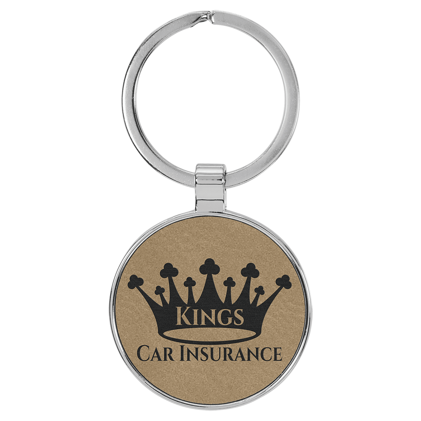 Light Brown Leatherette Round Keychain with Metal Frame