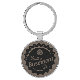 Gray Leatherette Round Keychain with Metal Frame