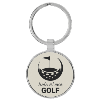 White Leatherette Round Keychain with Metal Frame