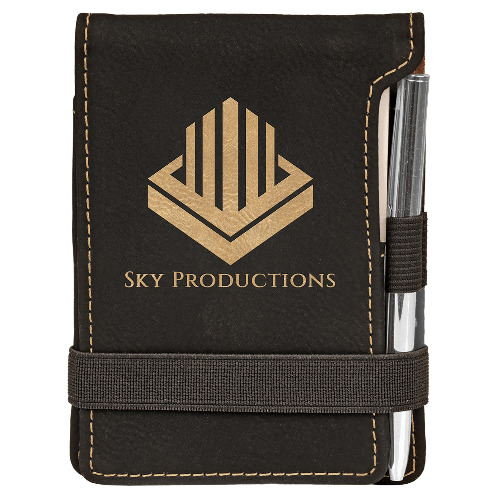 Black/Gold Leatherette Mini Notepad with Pen