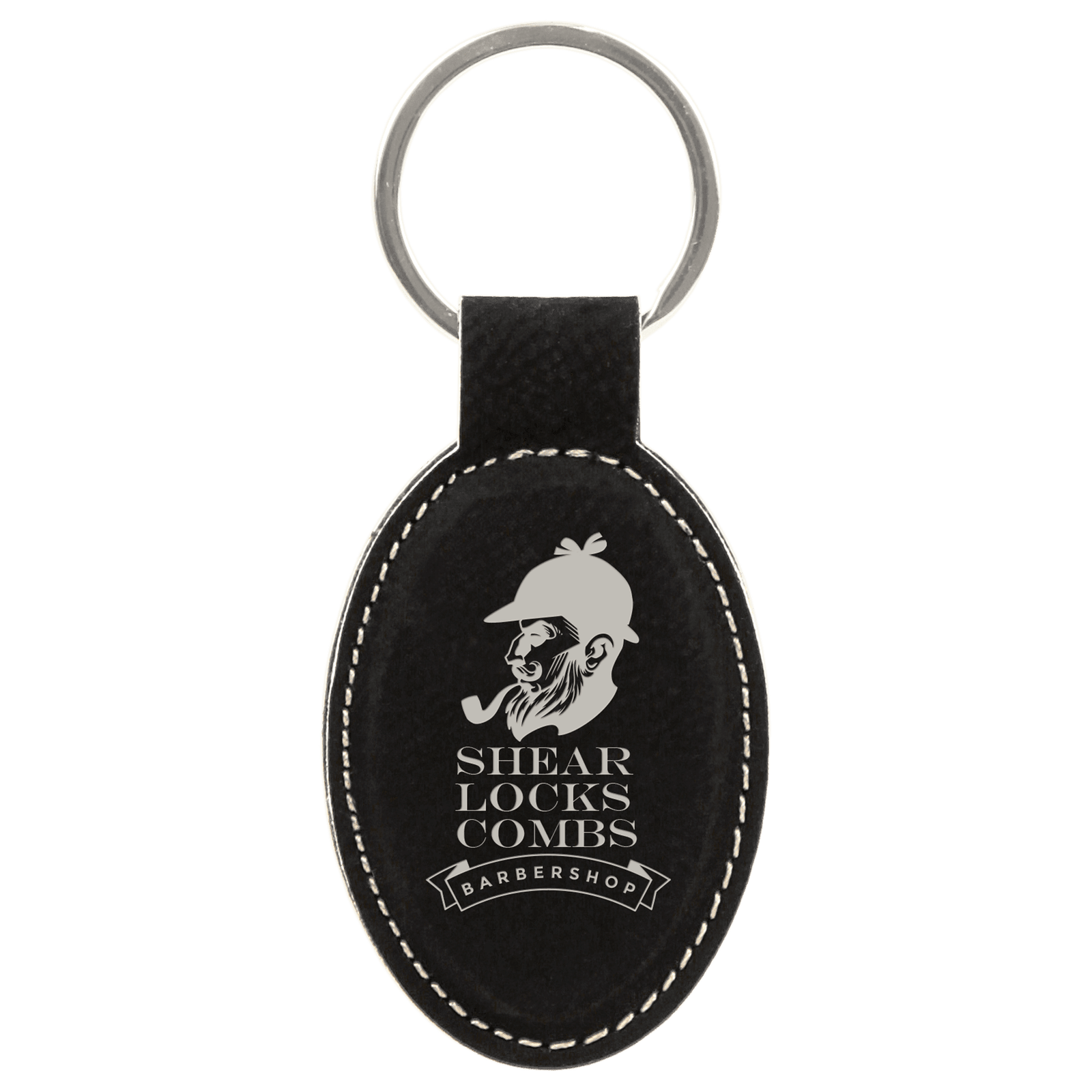 Black/Silver Leatherette Oval Keychain