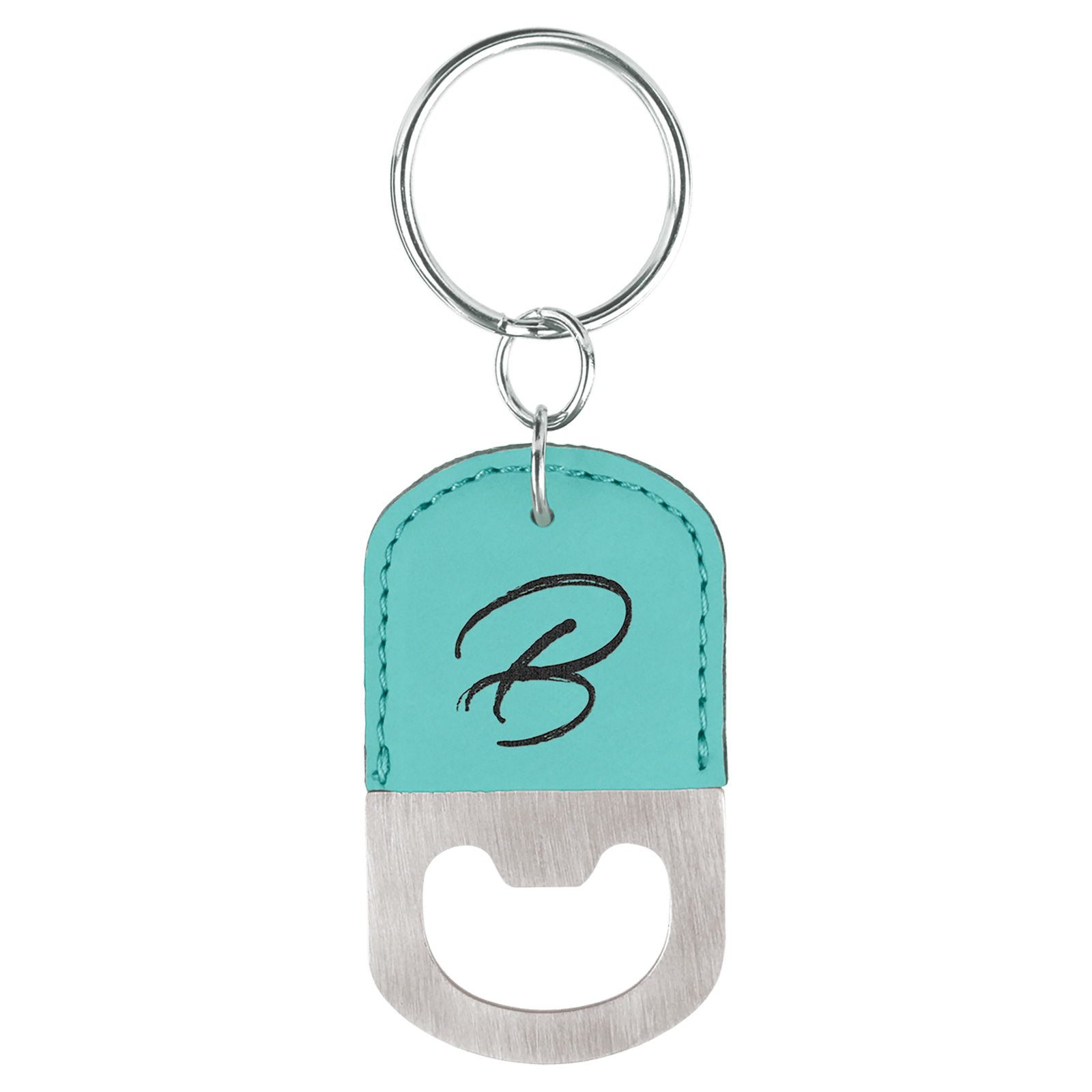 Teal Leatherette Oval Bottle Opener Keychain