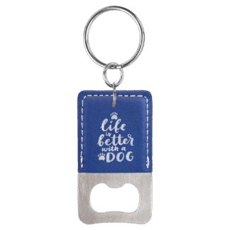 Blue/Silver Leatherette Rectangle Bottle Opener with Keychain