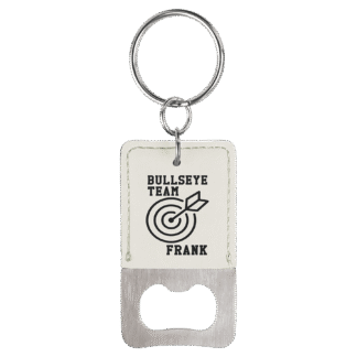 White Leatherette Rectangle Bottle Opener with Keychain