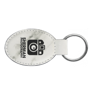White Marble Leatherette Oval Keychain