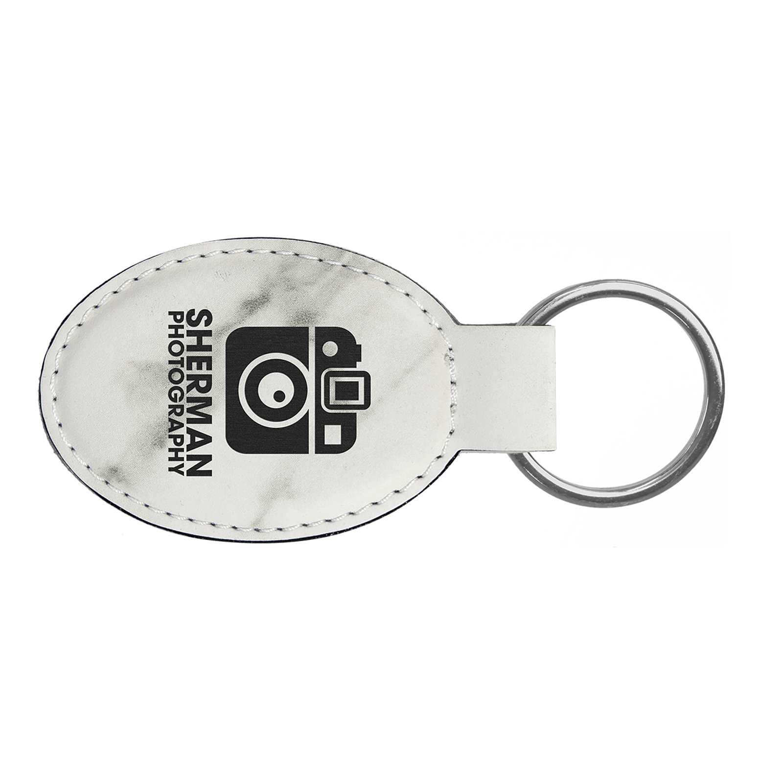White Marble Leatherette Oval Keychain