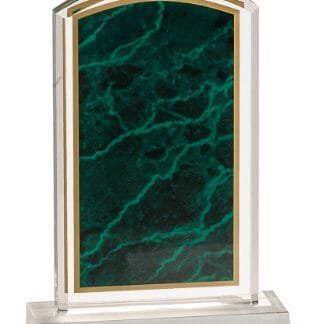Award trophy featuring a green marble panel framed in a clear, gold-accented frame on a transparent base.