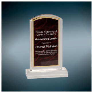 Crystal award plaque with gold trim on a pedestal; inscription reads Florida Academy of General Dentistry Outstanding Dentist, presented to Darrell Pinkston.