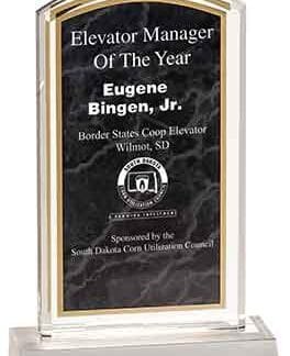 Award plaque reading 'Elevator Manager Of The Year' for Eugene Bingen, Jr., Border States Coop Elevator, Wilmot, SD, on a marble base.