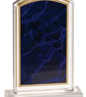 Clear glass award with a dark blue marbled panel and gold trim on a rectangular base.