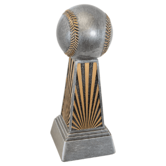 Baseball trophy with a textured silver ball on a sunburst black-and-gold pedestal