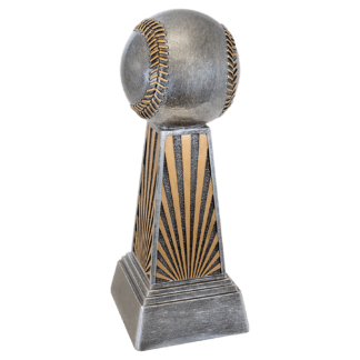 Baseball trophy with a weathered metal ball perched on a striped pedestal, ready for presentation