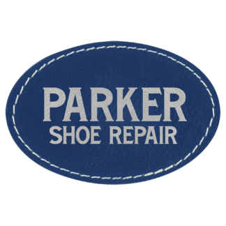 Oval Blue/Silver Laserable Leatherette Patch with Adhesive