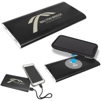Black Power Bank and Anodized Aluminum Wireless Charger with Power Cord