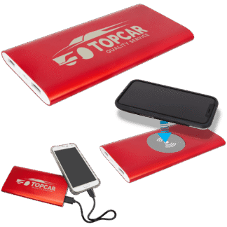 Red Power Bank and Anodized Aluminum Wireless Charger with Power Cord