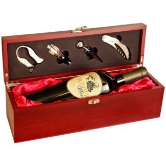 Rosewood Finish Single Wine Presentation Box with 4 Tools and Red Lining