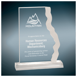 Clear glass award plaque with a mountain logo and the word MOUNTAIN, honoring the Human Resources Department, Mechanicsburg.