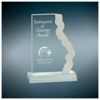Crystal award plaque reading 'Instrument of Courage Award' with a wavy ribbon design, from New Hope Christian College.