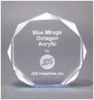 Crystal octagon-shaped award with facets, engraved with 'Blue Mirage Octagon Award' and 'JDS Industries, Inc.' at the base.
