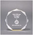 Crystal octagonal trophy/paperweight with faceted edges, engraved with 'Gold Mirage Octagon Array' and 'IDS Industries, Inc.' (address visible)