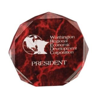 Red marbled crystal award disc featuring the Worthington Regional Economic Development Corporation logo and the word 'PRESIDENT' inscribed.