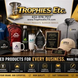 Banner ad for Trophies Etc showing branded products (shirts, mugs, caps, tumblers) and a trophy, with the slogan 'Branded products for every business.'